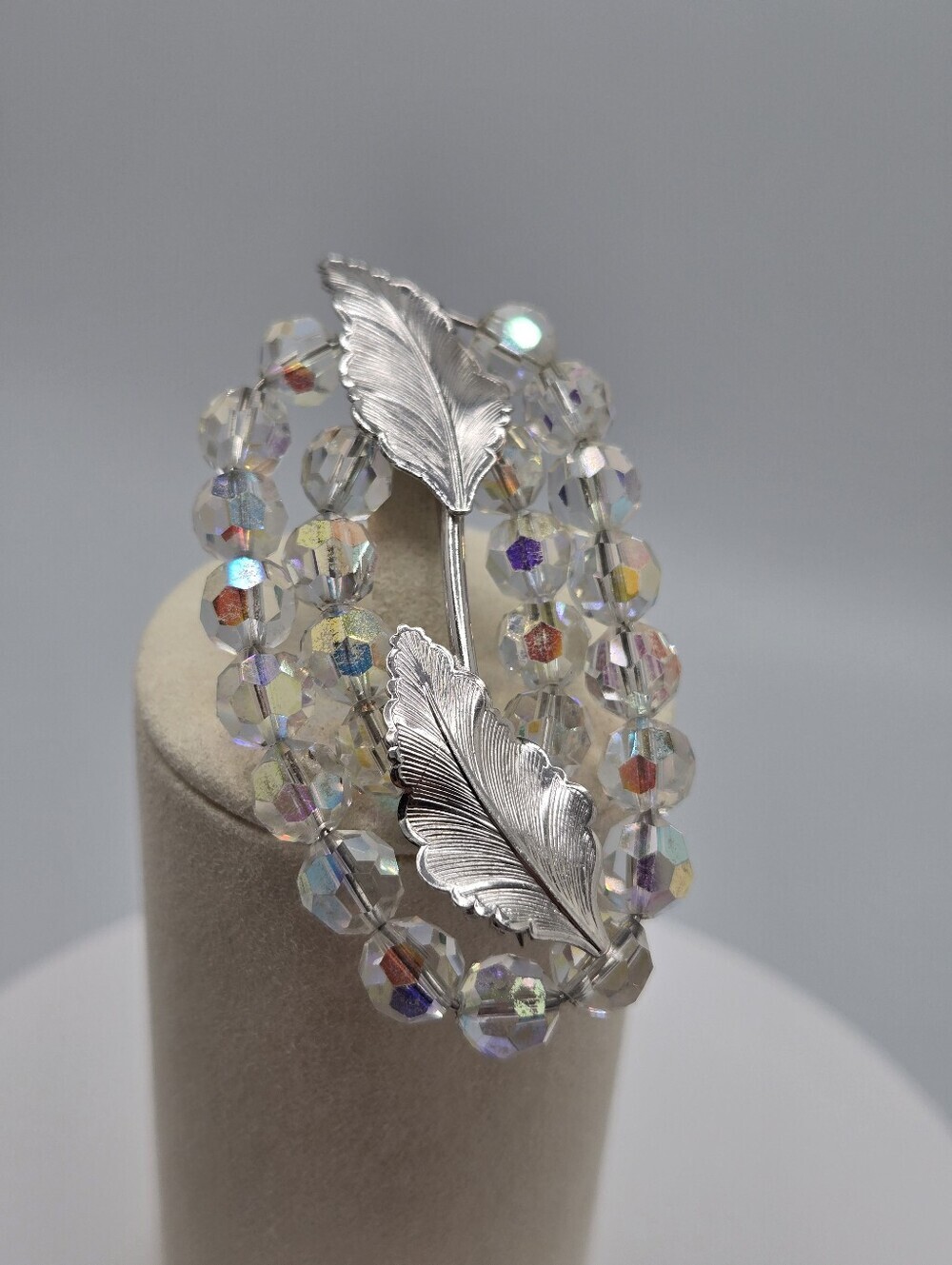 Vintage Aurora Borealis Crystal Leaf Brooch Silver Tone 1950s–1960s 2.5"